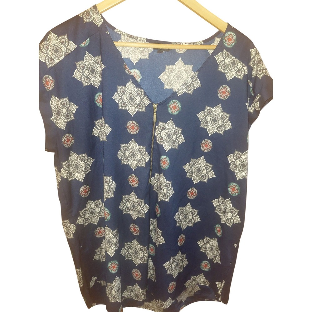 Express Womens Navy Blue Medallion Print Gold Half Zip V-Neck Blouse XL
